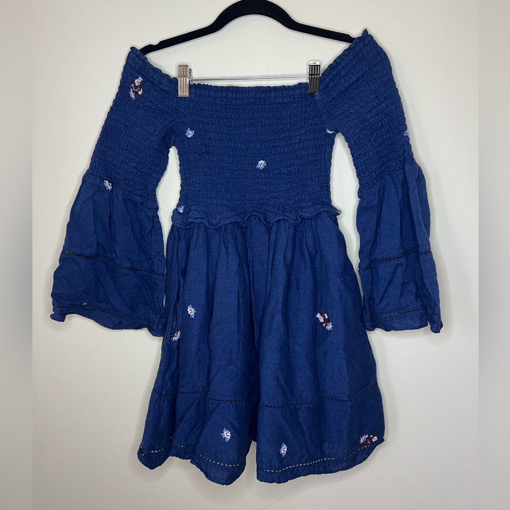 Free People Women’s Counting Dasies Mini Dress Size XS Navy w Floral Embroidery